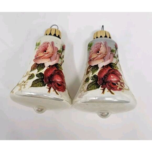 Krebs Bell Christmas Ornaments White w/Pink & Red Roses Set of 2 West Germany - Picture 1 of 10